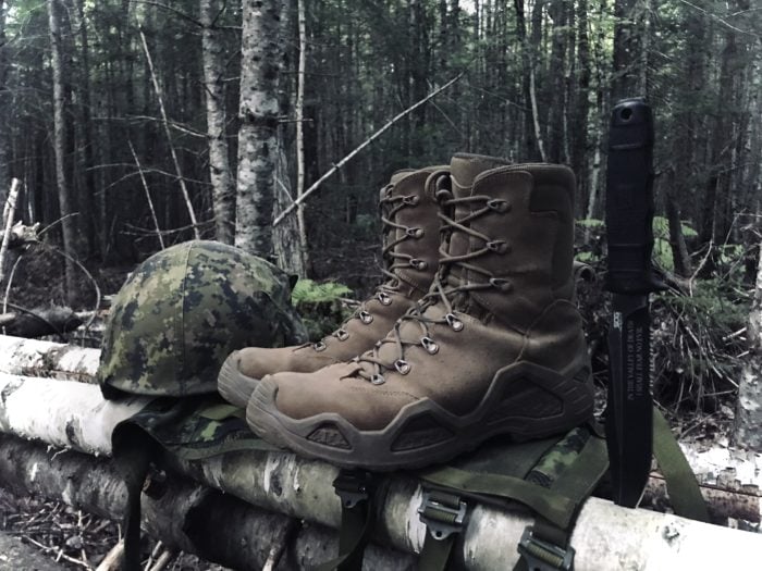 LOWA Z-8S tactical boots displayed in the woods next to the SOG SEAL Team Elite knife