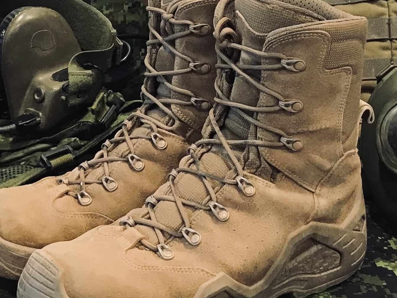 LOWA Z-8S tactical boots displayed next to the 5.11 Rush72 TActical Back pack