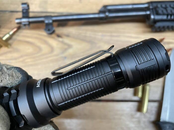 Acebeam Defender P17: A Great at Home Tactical Flashlight 10 Acebeam Defender P17 tactical flashlight has a dual reverse belt clip so it can be carried multiple different ways.