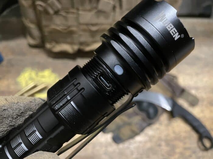 Wuben T1 Review: Is It The Best Tactical Flashlight? 14 The Wuben T1 Tactical Flashlight has a type-c charging port protected by a mechanical ring