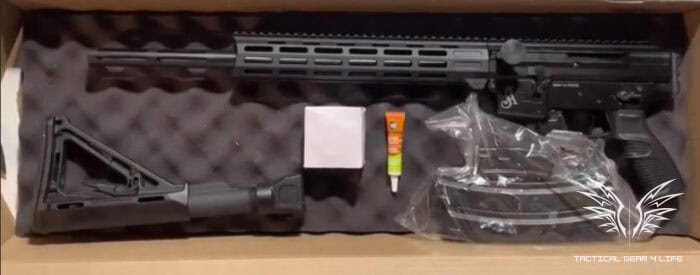 Sterling Arms R9 MK1 Review: A Powerful new PC Carbine To Hit the Canadian Market 4 WHAT COMES IN THE BOX WITH THE Sterling Arms R9 PC Carbine? A LOCK, A TUBE OF GREASE, AND A 5 RND MAG