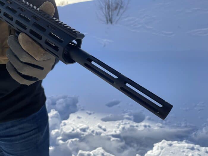 Sterling Arms R9 MK1 Review: A Powerful new PC Carbine To Hit the Canadian Market 6 the tip of the Sterling Arms R9 PC Carbine has the last six and a half inches widened and holes cut in it to give it an integrated flash supressor