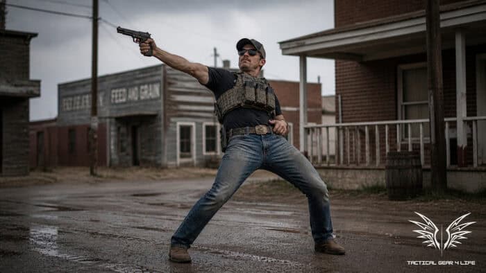 this is not a proper shooting stance unless your a gang banger and have no idea what your doing